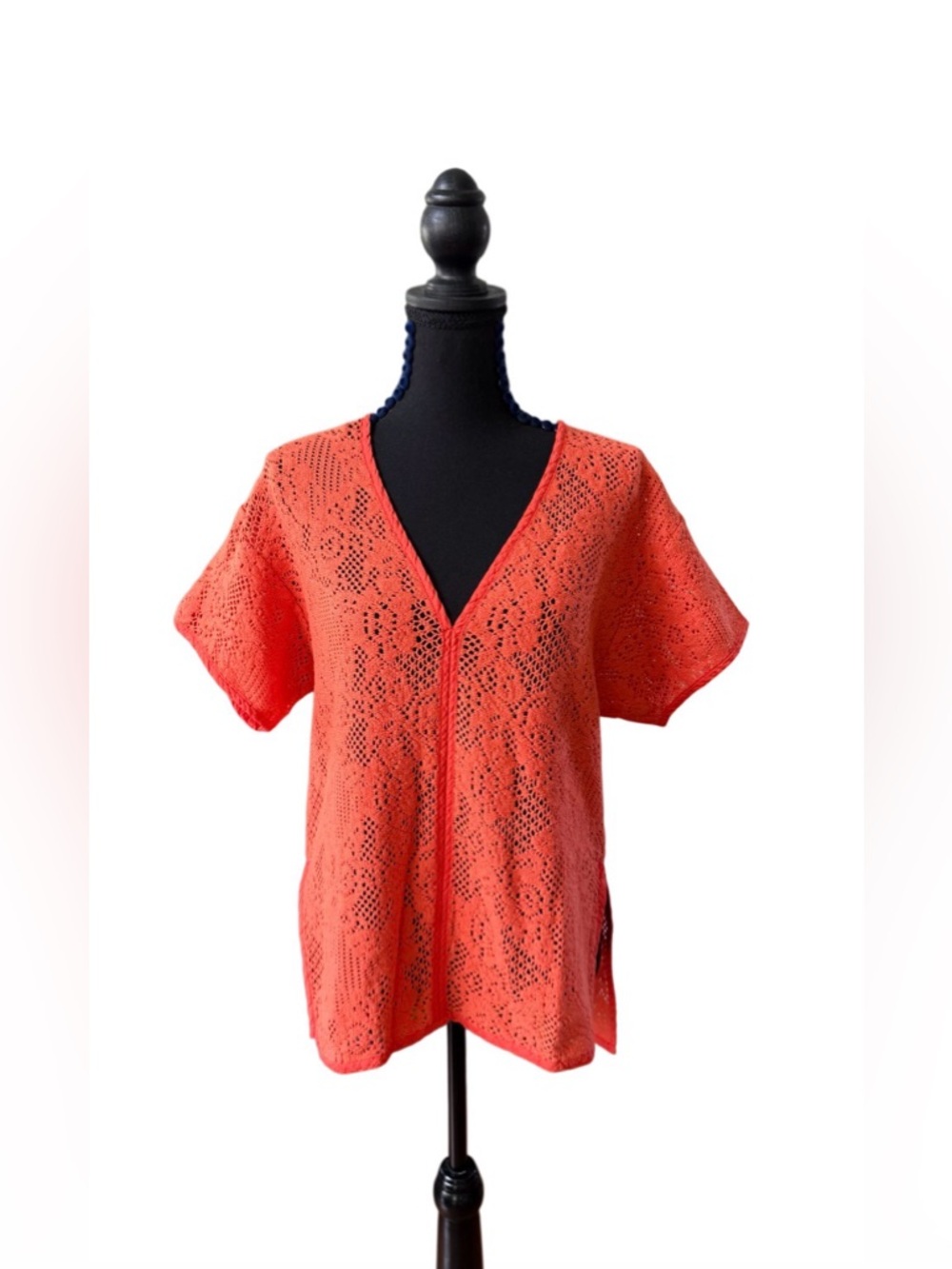 Banana Republic Orange Coral Crochet V-Neck Relaxed Fit Top